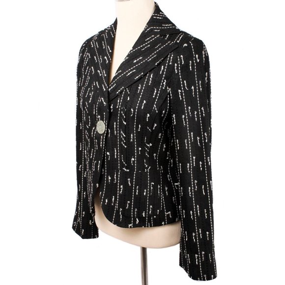 EYE Black & White Stitching Detail Single Button Linen Blend Blazer Size 8 - Picture 2 of 4
